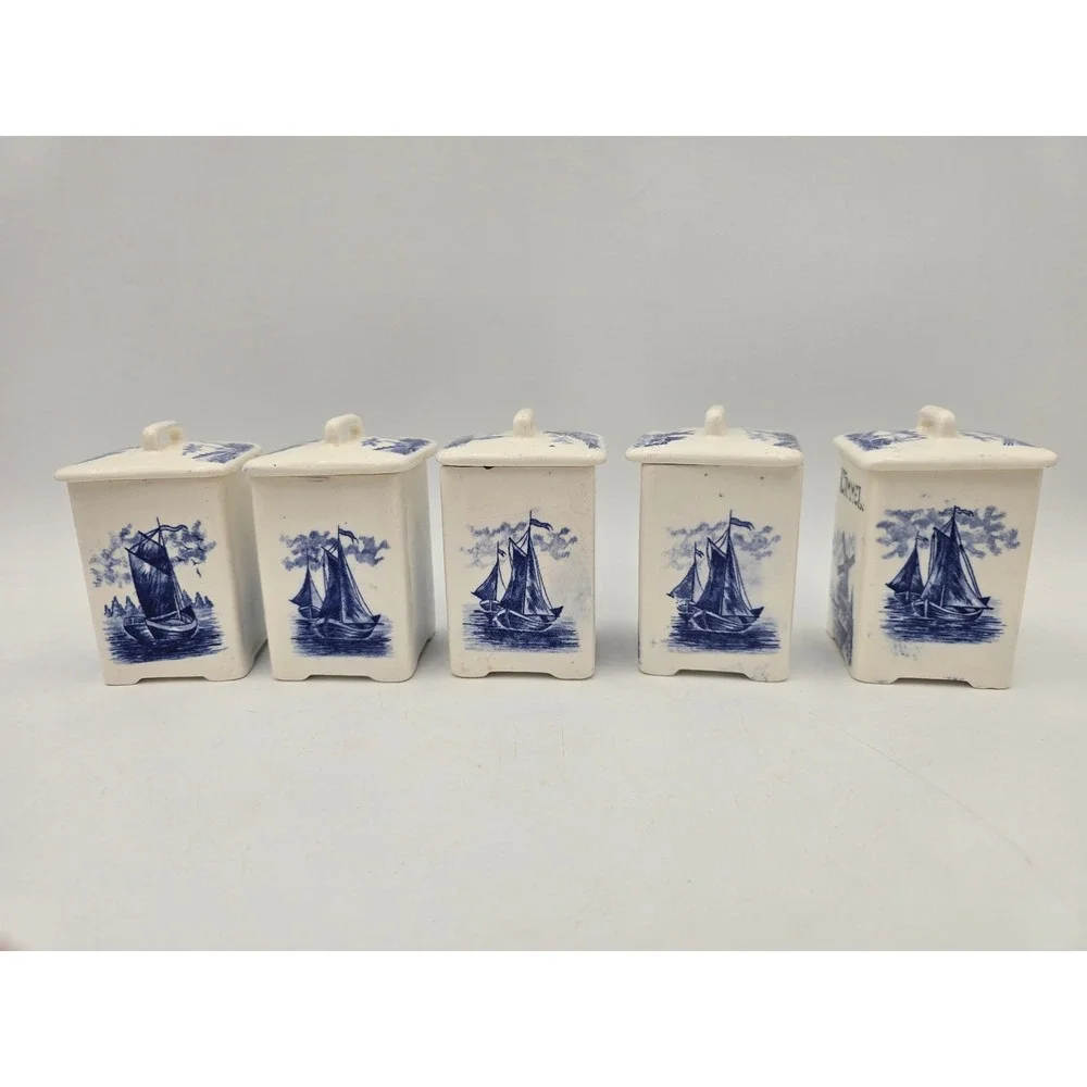 Vintage German Delft Blue Ceramic Spice Canister Set‎ Windmill Sailboat 5pc